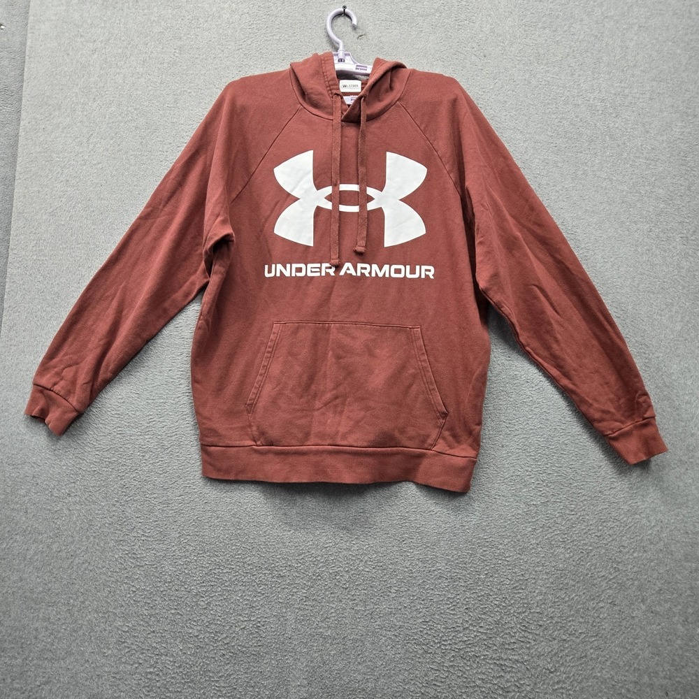 Under Armour Men Hoodie L Red Coldgear Loose Fit Fleece Logo Graphic Pullover